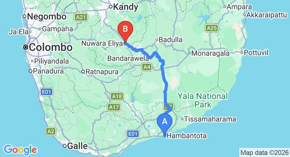 Driving route map: Hambantota to Nuwara Eliya (165 km, approx 4 h 5 min private transfer)