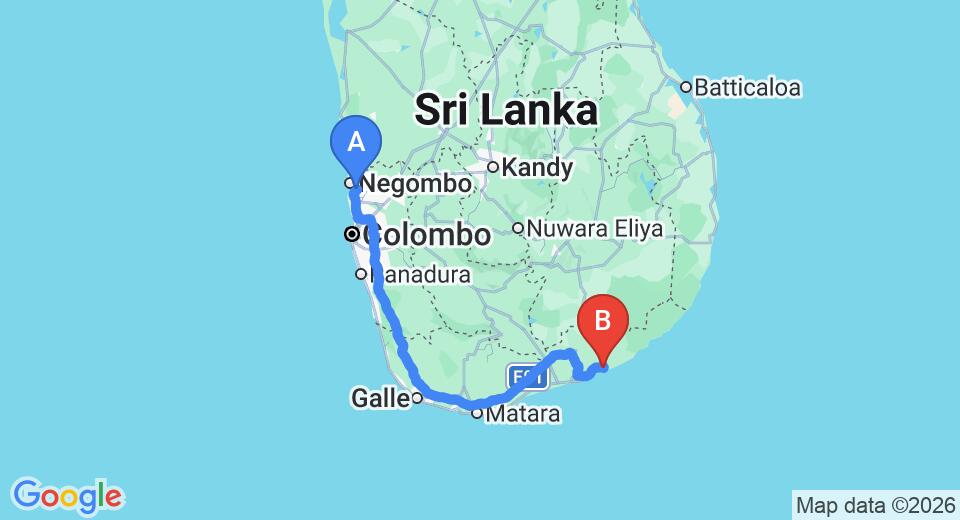 Driving route map: Colombo Airport (CMB) to Bundala (281 km, approx 3 h 44 min private transfer)