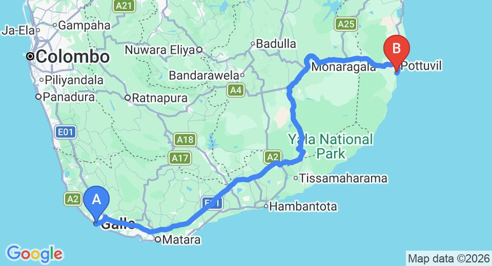 Driving route map: Galle to Arugam Bay (282 km, approx 4 h 52 min private transfer)