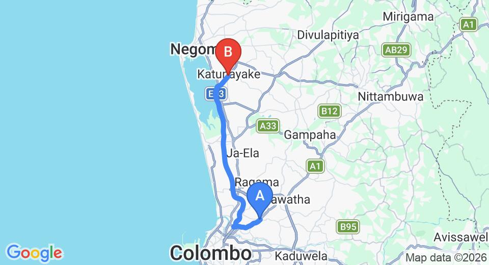Driving route map: Kiribathgoda to Colombo Airport (CMB) (29 km, approx 32 min private transfer)