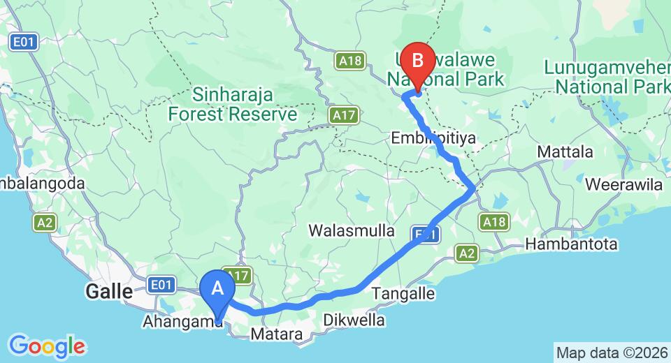 Driving route map: Weligama to Udawalawe (103 km, approx 1 h 46 min private transfer)