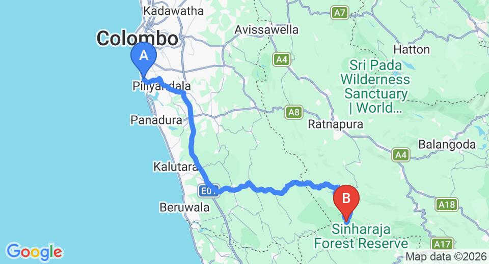 Driving route map: Ratmalana (RML) Airport to Sinharaja (111 km, approx 2 h 41 min private transfer)