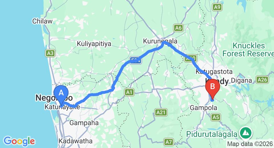 Driving route map: Colombo Airport (CMB) to Hotel The Wild Nillamba, Kandy (122 km, approx 3 h 7 min private transfer)
