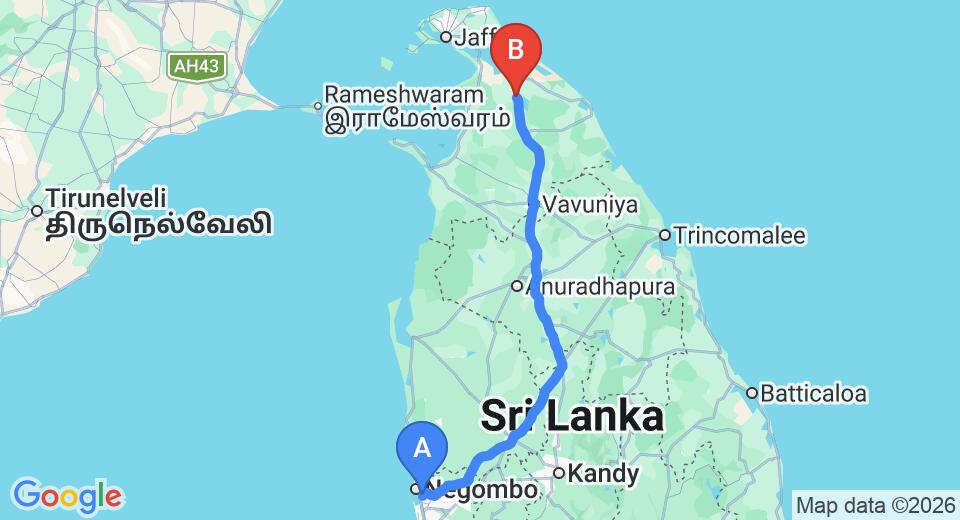 Driving route map: Colombo Airport (CMB) to Iranamadu (304 km, approx 5 h 58 min private transfer)