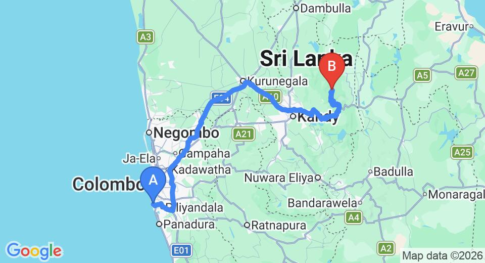 Driving route map: Ratmalana (RML) Airport to Meemure (231 km, approx 6 h 20 min private transfer)