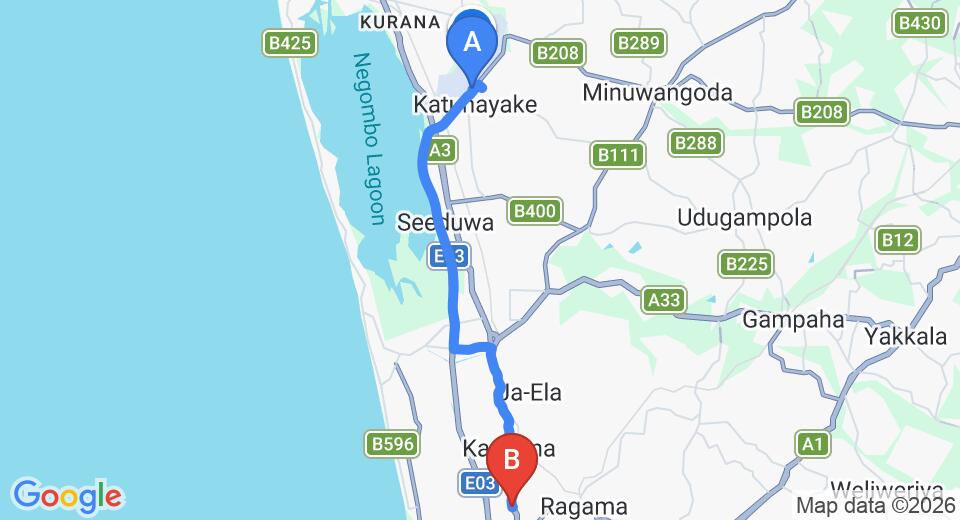 Driving route map: Colombo Airport (CMB) to Walisara (20 km, approx 31 min private transfer)