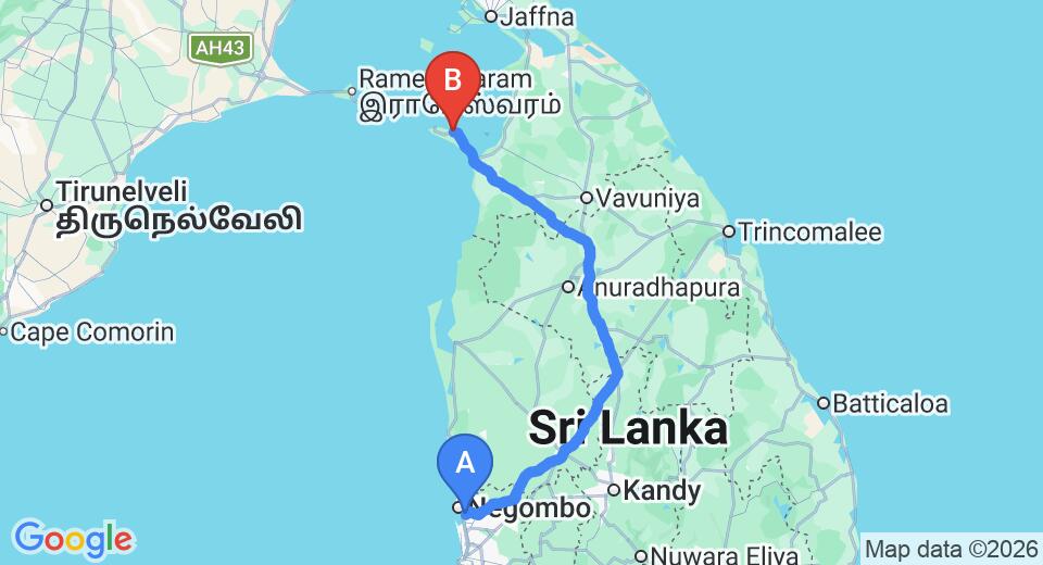 Driving route map: Colombo Airport (CMB) to Hotel John Mary, Mannar (310 km, approx 6 h 6 min private transfer)