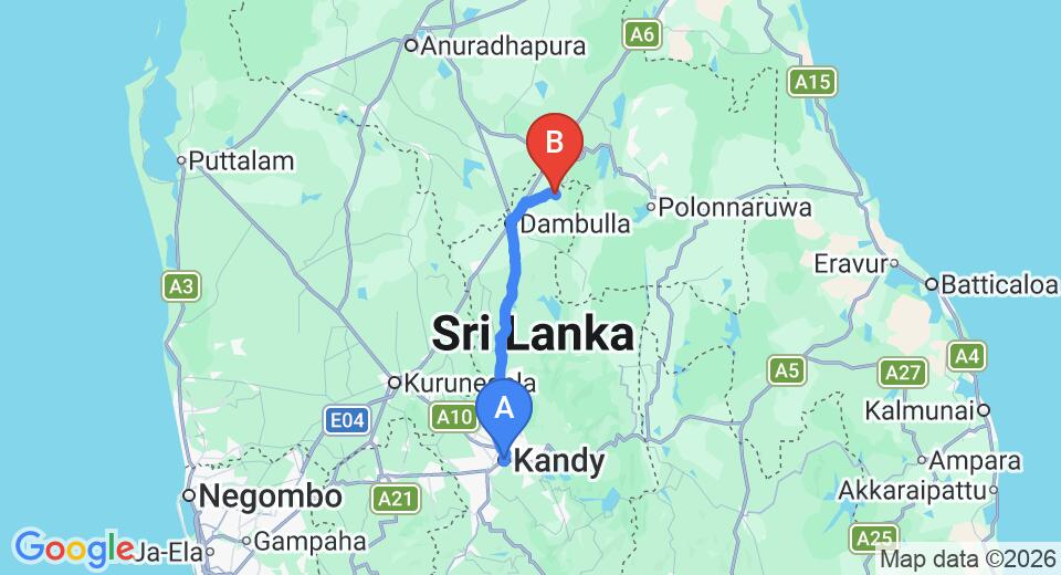 Driving route map: Kandy to Sigiriya (90 km, approx 2 h 32 min private transfer)