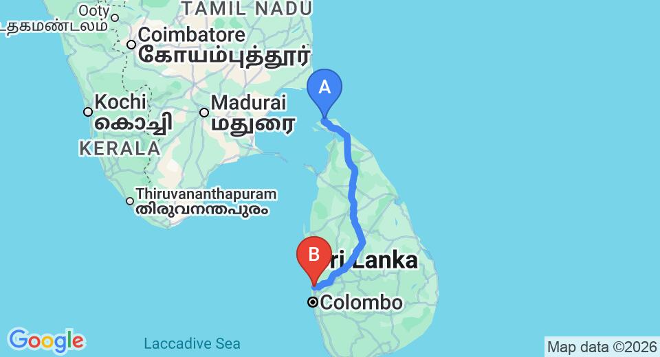 Driving route map: Kankesanturai to Colombo Airport (CMB) (386 km, approx 7 h 38 min private transfer)
