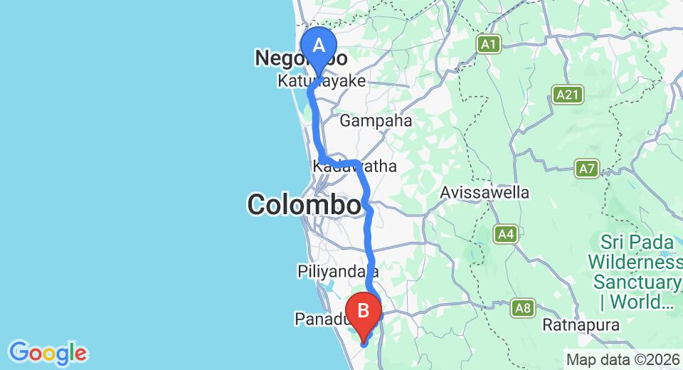 Driving route map: Colombo Airport (CMB) to Moronthuduwa (73 km, approx 1 h 13 min private transfer)