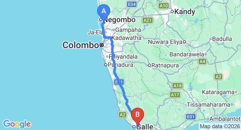 Driving route map: Colombo Airport (CMB) to Templeberg Villa, Galle (149 km, approx 2 h 2 min private transfer)