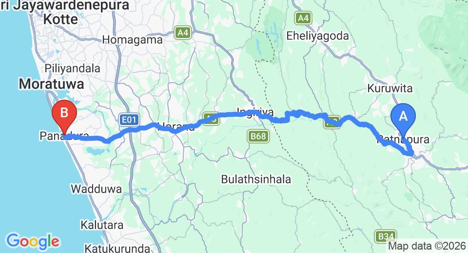 Driving route map: Ratnapura to Panadura (71 km, approx 2 h 7 min private transfer)