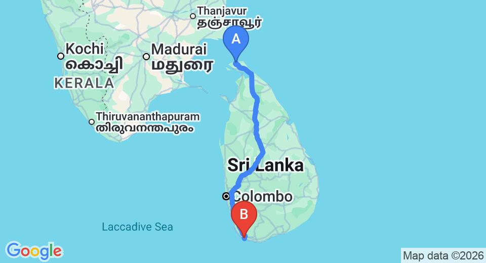Driving route map: Jaffna (JAF) Airport to Unawatuna (510 km, approx 9 h 18 min private transfer)