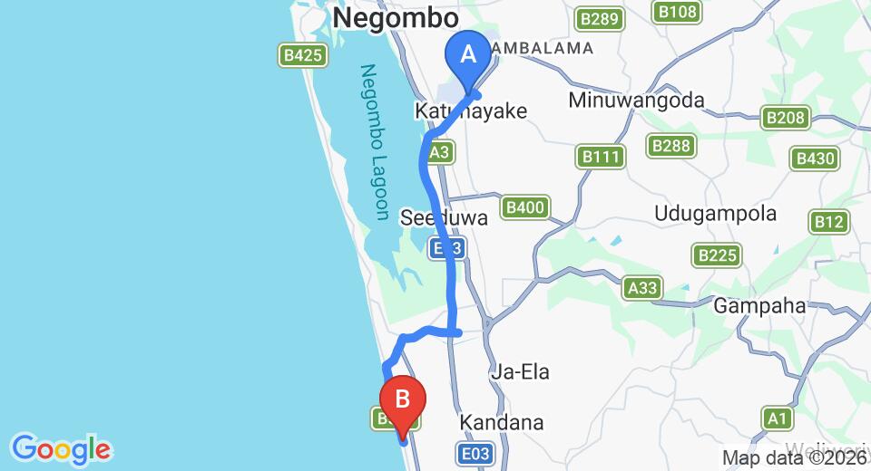 Driving route map: Colombo Airport (CMB) to Uswetakeiyawa (19 km, approx 29 min private transfer)