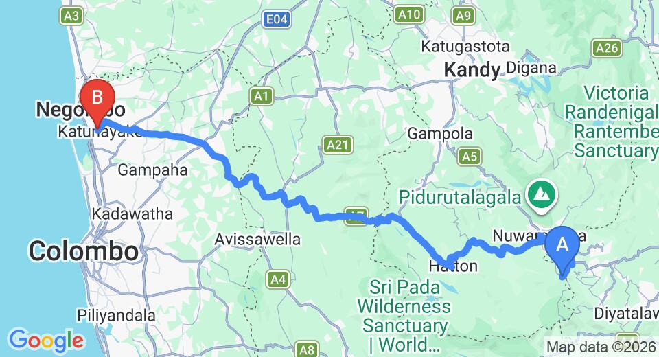 Driving route map: Ambewela to Colombo Airport (CMB) (173 km, approx 5 h 25 min private transfer)