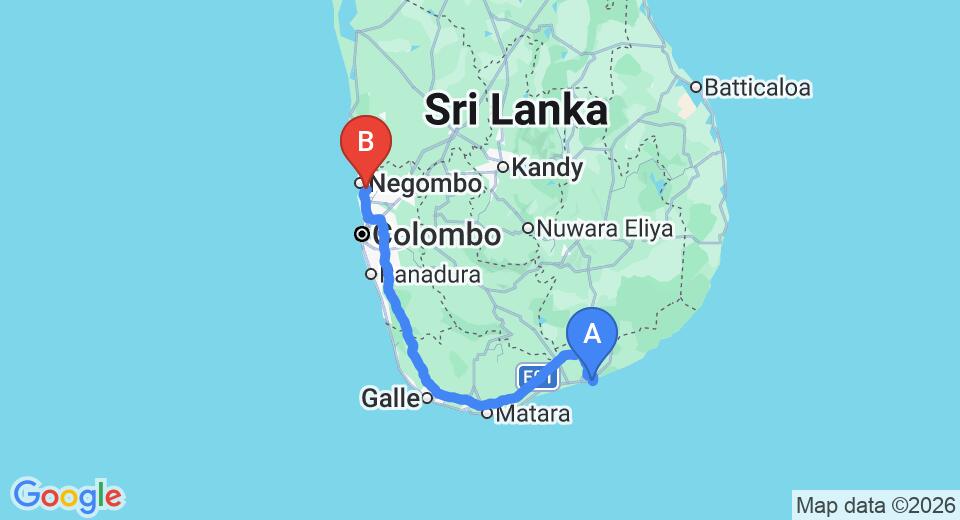 Driving route map: Hambantota to Colombo Airport (CMB) (266 km, approx 3 h 21 min private transfer)