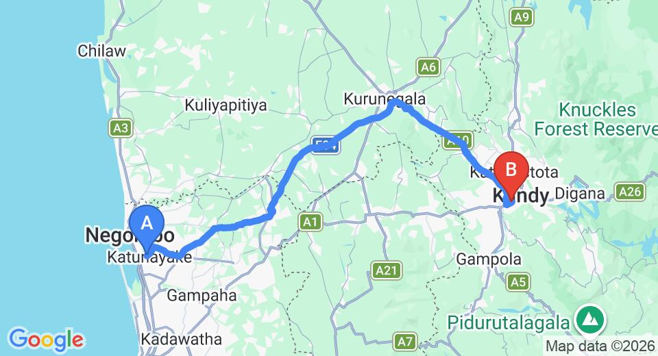 Driving route map: Colombo Airport (CMB) to Kandyan Arts Residency, Kandy (113 km, approx 2 h 48 min private transfer)