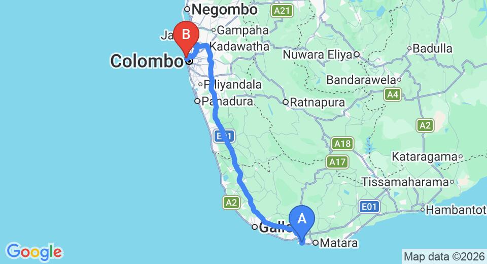 Driving route map: Mirissa to Colombo Seaport (173 km, approx 2 h 33 min private transfer)
