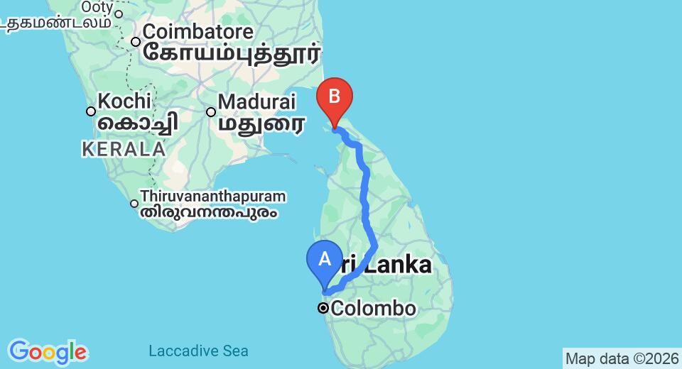 Driving route map: Colombo Airport (CMB) to Sooriya's Guest house, Jaffna (370 km, approx 7 h 12 min private transfer)
