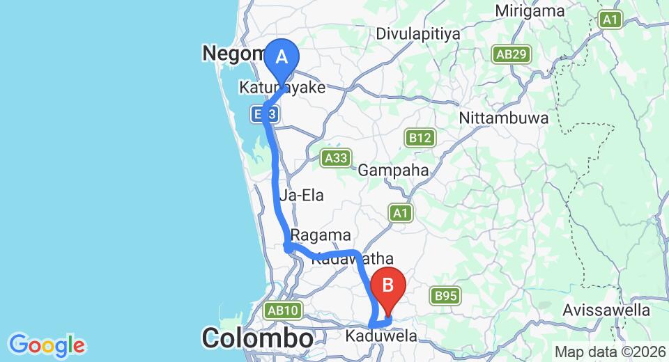 Driving route map: Colombo Airport (CMB) to Biyagama (40 km, approx 43 min private transfer)
