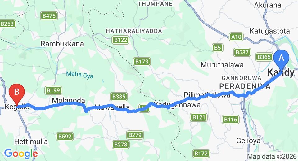 Driving route map: Kandy to Kegalle (37 km, approx 1 h 16 min private transfer)