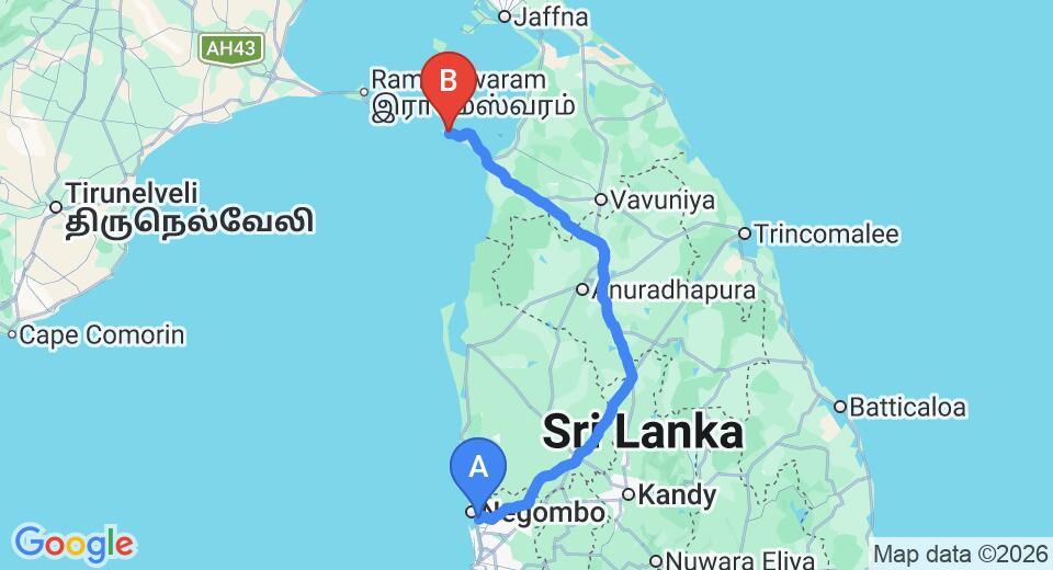 Driving route map: Colombo Airport (CMB) to Talaimannar (321 km, approx 6 h 20 min private transfer)