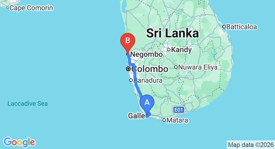 Driving route map: Galle to Negombo (154 km, approx 2 h 15 min private transfer)