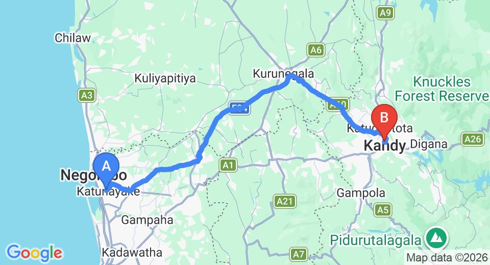 Driving route map: Colombo Airport (CMB) to Green Grass Hostel, Kandy (113 km, approx 2 h 47 min private transfer)