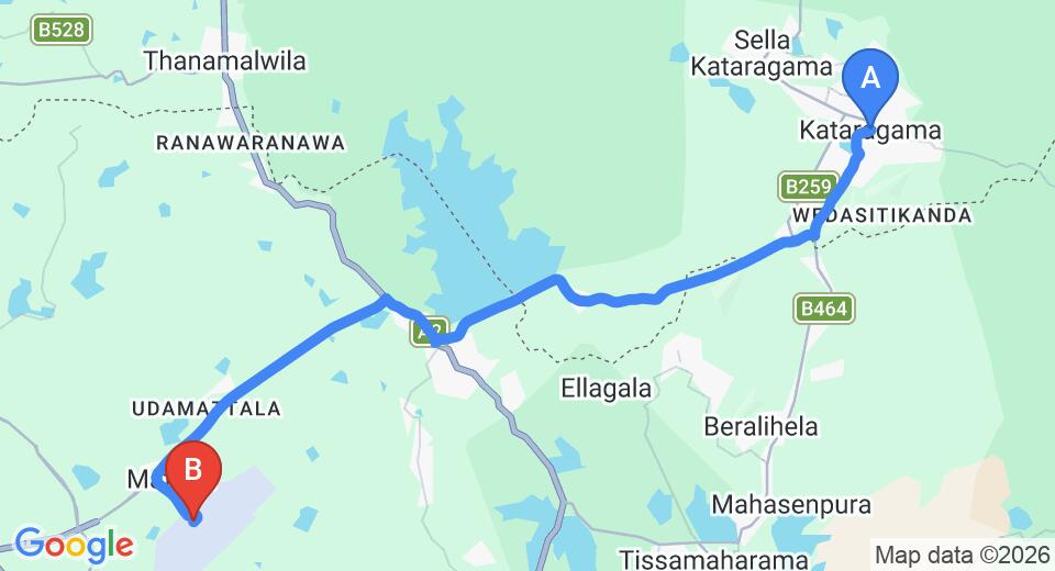 Driving route map: Kataragama to Mattala (HRI) Airport (34 km, approx 38 min private transfer)
