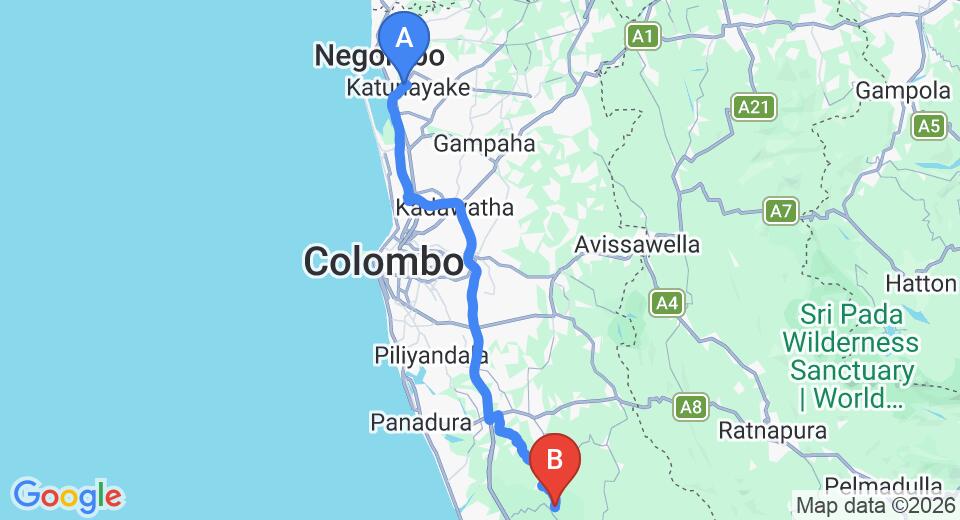Driving route map: Colombo Airport (CMB) to Glenross Plantation Bungalow, Kalutara (85 km, approx 1 h 36 min private transfer)