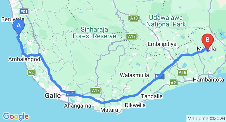 Driving route map: Induruwa to Mattala (HRI) Airport (165 km, approx 2 h 24 min private transfer)