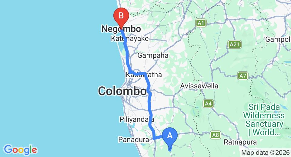 Driving route map: Yala to Negombo (80 km, approx 1 h 28 min private transfer)