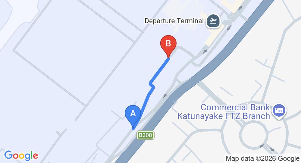 Driving route map: Colombo Airport (CMB) to Motel Katunayake, Katunayake (0 km, approx 0 min private transfer)