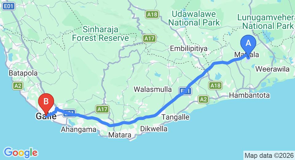 Driving route map: Mattala (HRI) Airport to Galle (117 km, approx 1 h 36 min private transfer)
