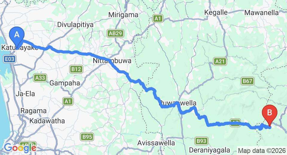Driving route map: Colombo Airport (CMB) to Hotel Breeta's Garden, Galapita (91 km, approx 2 h 44 min private transfer)