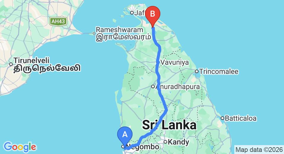 Driving route map: Colombo Airport (CMB) to The Solaivanam Guest House, Kilinochchi (311 km, approx 6 h 6 min private transfer)