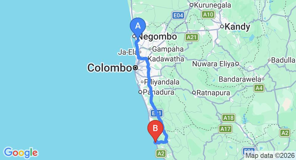 Driving route map: Colombo Airport (CMB) to The River House, Balapitiya (134 km, approx 2 h 5 min private transfer)