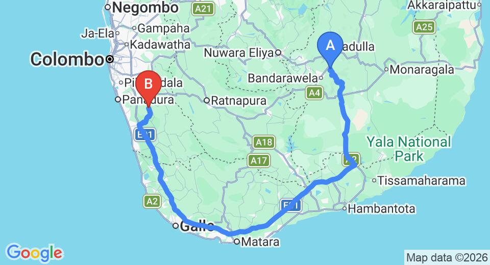 Driving route map: Ella to Yala (272 km, approx 4 h 21 min private transfer)
