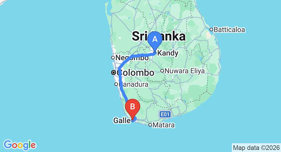 Driving route map: Kandy to Galle (221 km, approx 4 h 37 min private transfer)