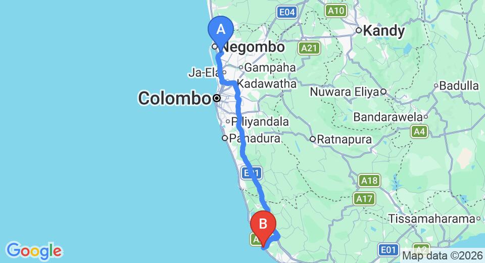 Driving route map: Colombo Airport (CMB) to Riff Hikkaduwa, Hikkaduwa (143 km, approx 2 h 7 min private transfer)