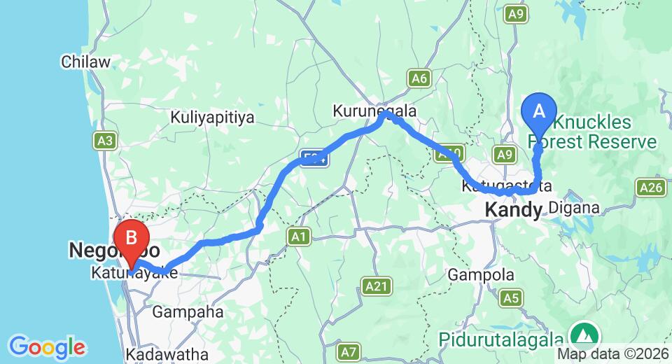 Driving route map: Elkaduwa to Colombo Airport (CMB) (131 km, approx 3 h 30 min private transfer)