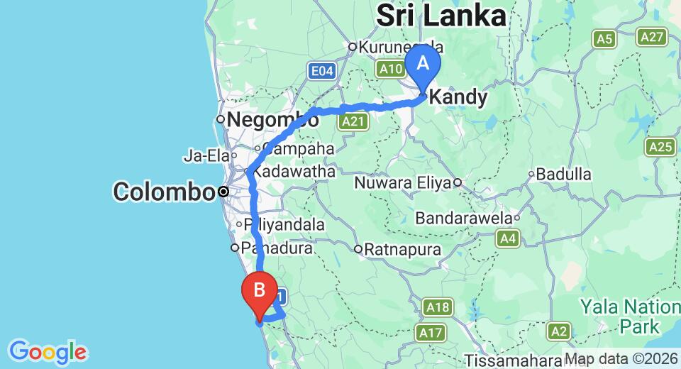Driving route map: Kandy to Bentota (177 km, approx 4 h 6 min private transfer)