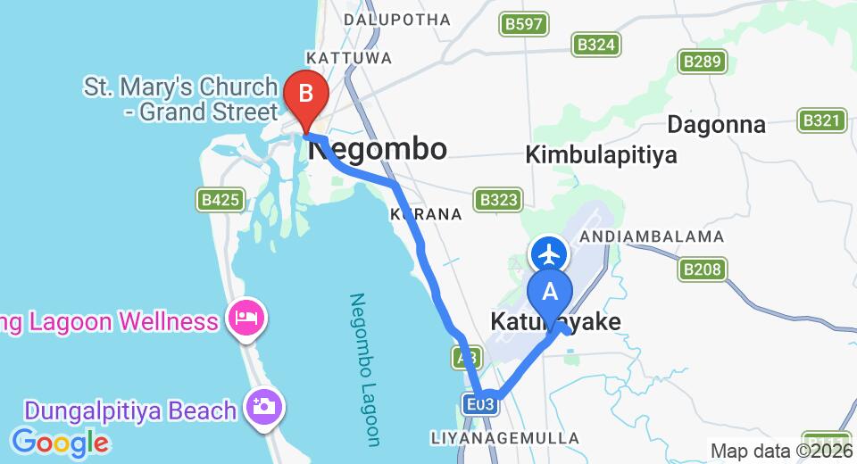 Driving route map: Colombo Airport (CMB) to Villa Kalapuwa, Negombo (10 km, approx 23 min private transfer)