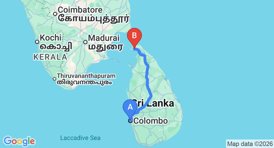Driving route map: Colombo Seaport to Jaffna (406 km, approx 7 h 48 min private transfer)