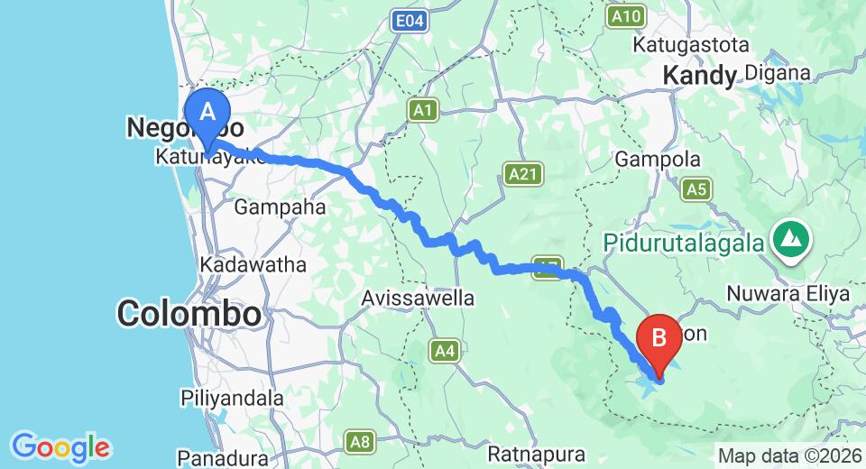 Driving route map: Colombo Airport (CMB) to Madusha Rest, Hatton (127 km, approx 4 h 17 min private transfer)