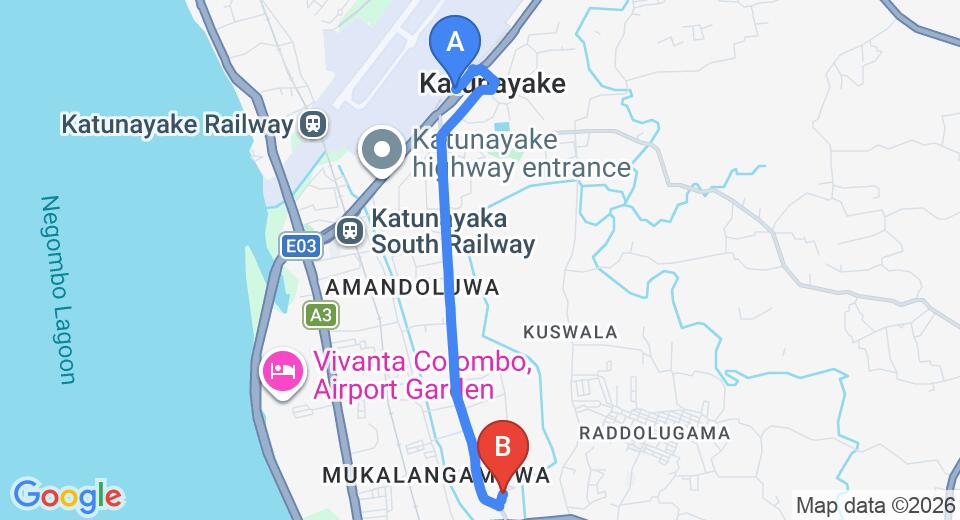 Driving route map: Colombo Airport (CMB) to Thimbirigaskatuwa (5 km, approx 13 min private transfer)
