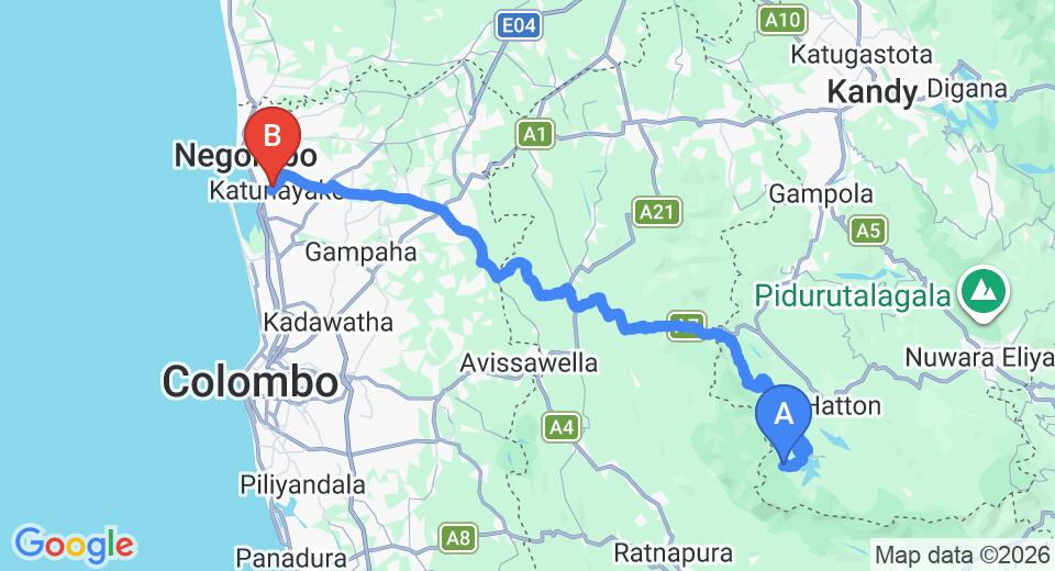 Driving route map: Delhousie to Colombo Airport (CMB) (134 km, approx 4 h 23 min private transfer)