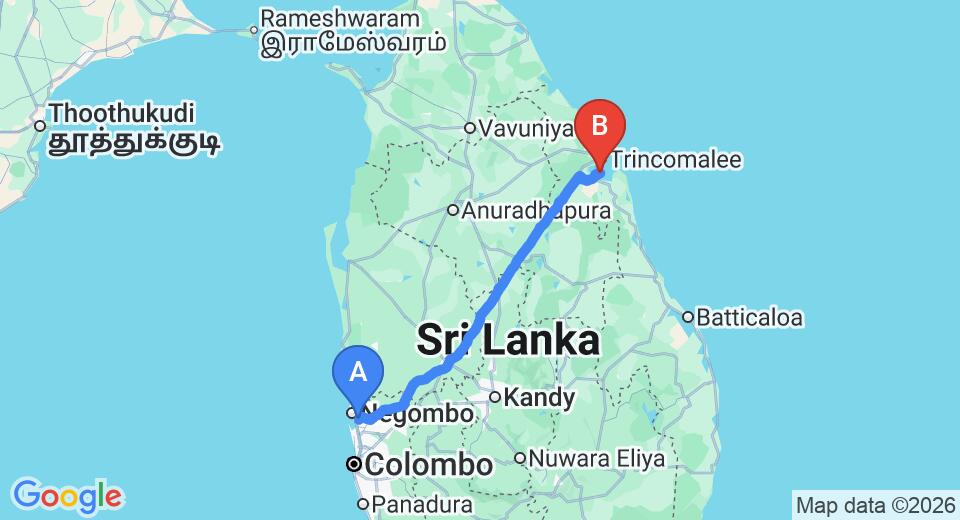 Driving route map: Colombo Airport (CMB) to Marble Beach Air Force Resort, Trincomalee (235 km, approx 4 h 58 min private transfer)