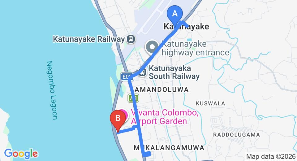 Driving route map: Colombo Airport (CMB) to Amora Lagoon Hotel, Katunayake (8 km, approx 18 min private transfer)