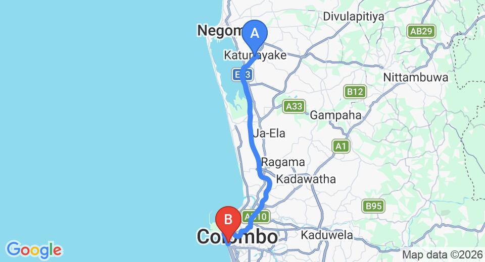 Driving route map: Colombo Airport (CMB) to Cinnamon Grand, Colombo (36 km, approx 50 min private transfer)